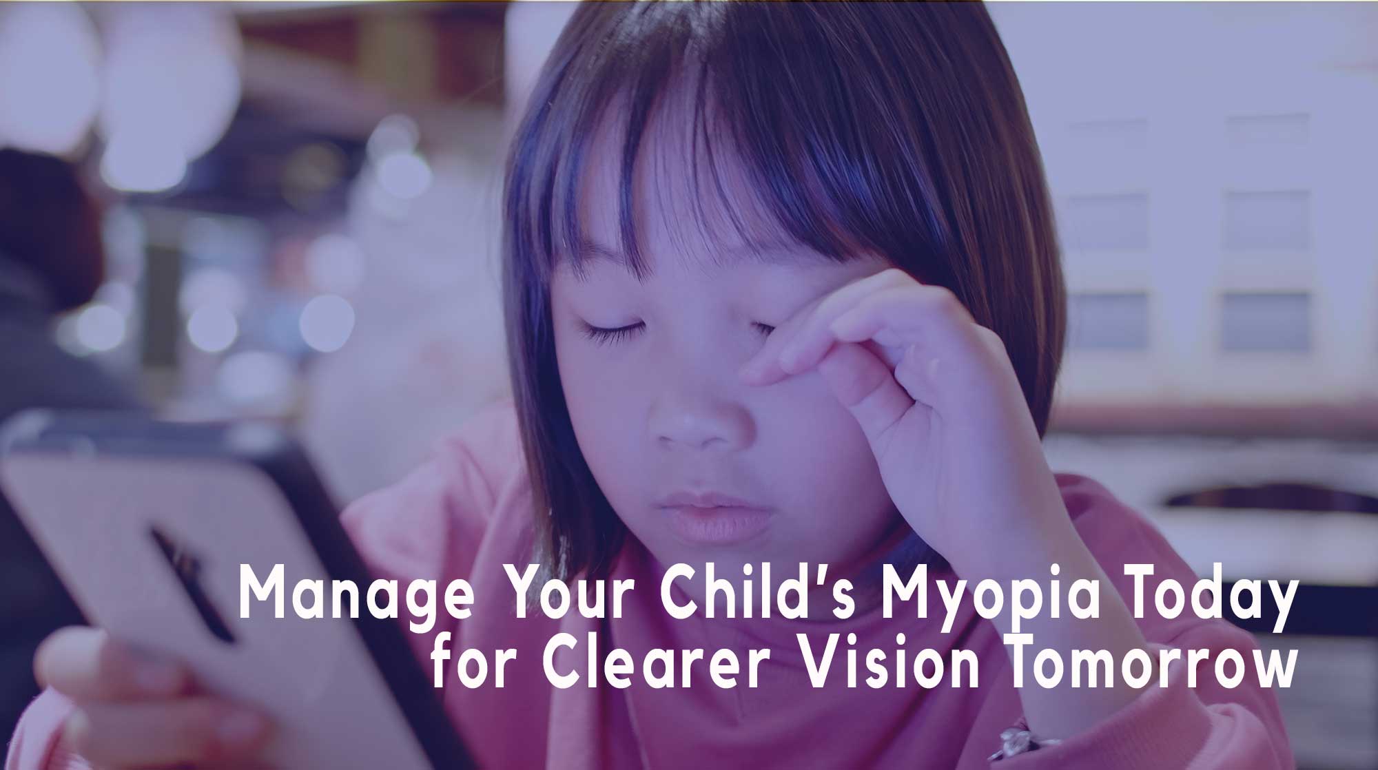 Child with Myopia rubbing eyes using phone